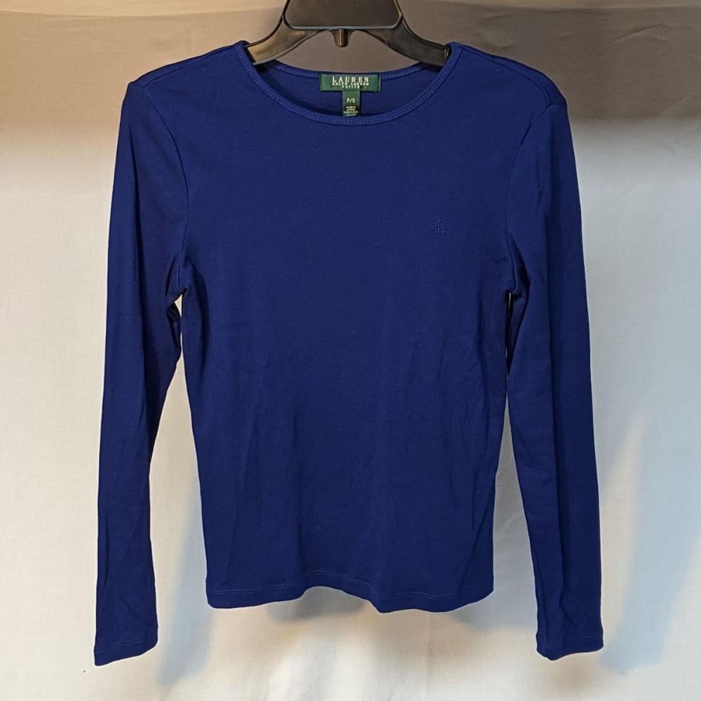 Lauren Ralph Lauren petite blue 100% cotton long sleeve top PS SP